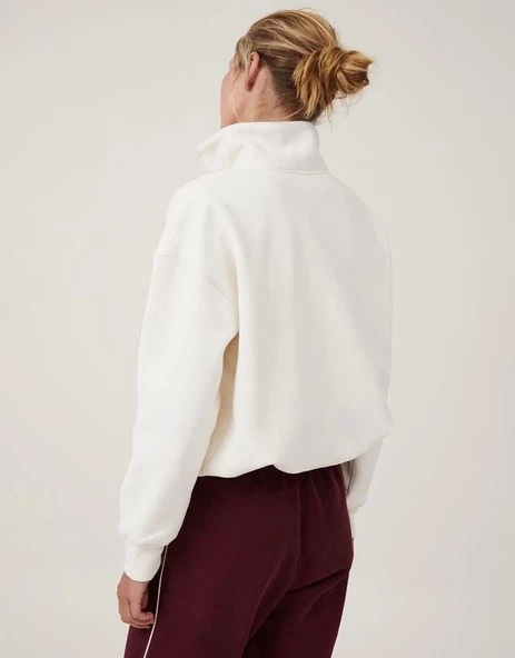 Oversize Yarım Farmuarlı Yakalı Basic SweatShirt - Beyaz - Resim 3