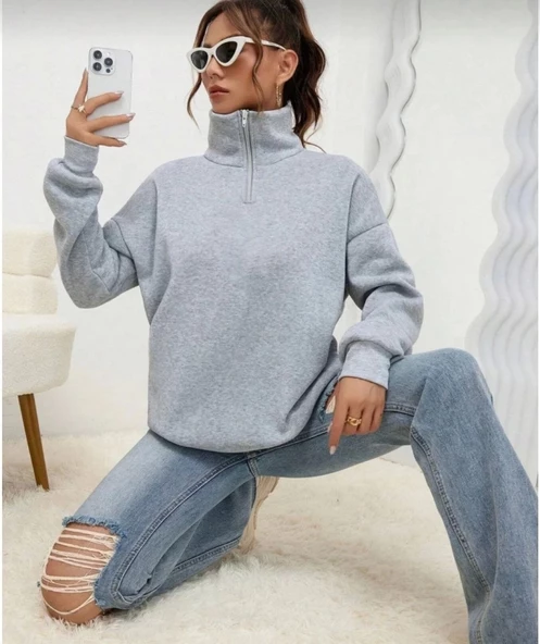 Unisex Uzun Kol Yarım Farmuarlı Yakalı Basic SweatShirt - Gri ürün görseli 1