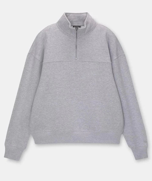 Oversize Yarım Farmuarlı Yakalı Basic SweatShirt - Gri ürün görseli 1