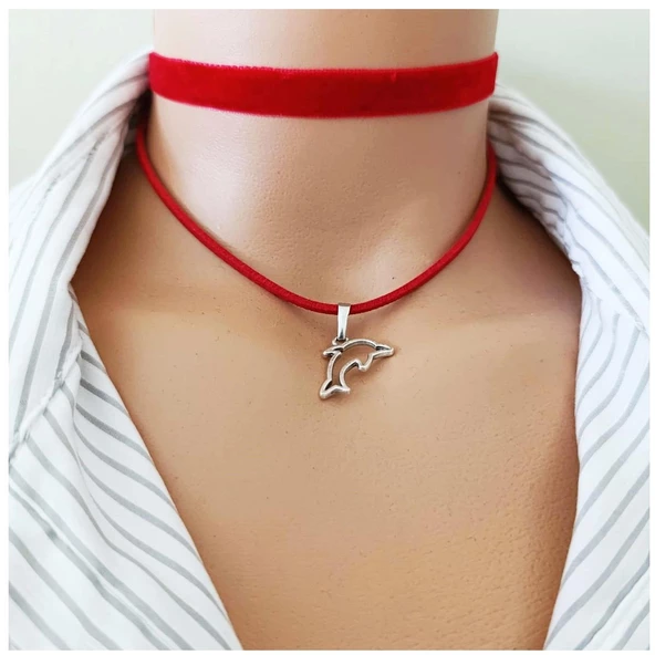 Kırmızı Kadife - Süet Yunus Balığı Kadın Choker ürün görseli 1