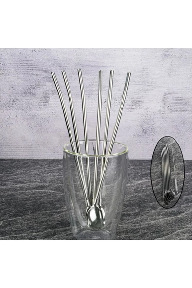 Kaşıklı Çelik Pipet 6lı + Fırça Kokteyl Karıştırıcı Kokteyl Kaşığı Bar Koktely Kaşığı 6lı ürün görseli 1