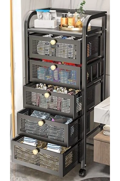 TRENDESK 5 katlı siyah çekmeceli tekerlekli banyo organizer banyo düzenleyici ürün görseli 1