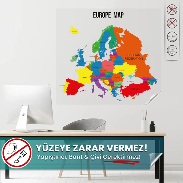 Avrupa Haritası, İz Bırakmaz, Yapışkansız Kendiliğinden Tutunan, Pratik, Statik Akıllı Kağıt Harita ürün görseli 1