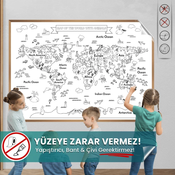 Hayvanlı Harita Boyama, Yüzeye Zarar Vermeyen Sihirli Kağıt, Eğlenceli Çocuk ve Oyun Odası Sticker ürün görseli 1