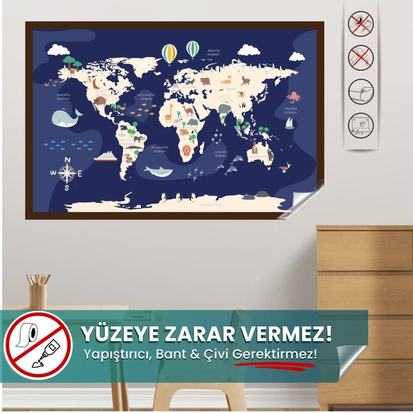 Hayvanlı Dünya Haritası - Eğlenceli Çocuk Odası Sticker, Yüzeye Zarar Vermeyen Sihirli Kağıt Harita ürün görseli 1