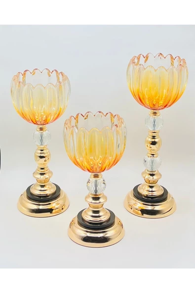 Furkan METAL AYAKLI FÜME BAL CAM ŞAMDAN MUMLUK 3'LÜ SET ürün görseli 1