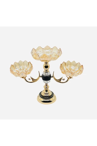 Furkan Gold Ayaklı Füme  Bal Cam Şamdan Mumluk Üçlü ürün görseli 1