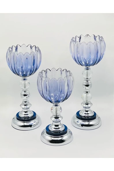 Furkan METAL AYAKLI FÜME MAVİ CAM ŞAMDAN MUMLUK 3'LÜ SET ürün görseli 1