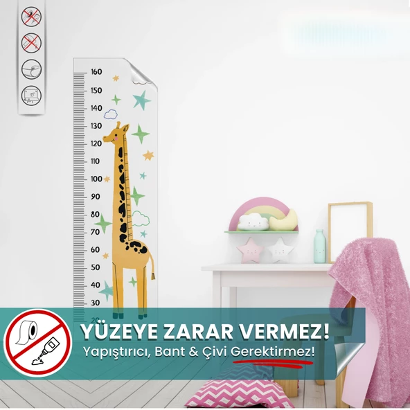 Boy Cetveli, Duvarda Iz Bırakmaz, Yapışkansız Tutunma Özellikli Akıllı Kağıt Sticker (Zürafa Temalı) ürün görseli 1