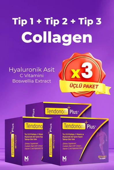 TENDONOM PLUS Tip 1-2-3 Kollajen + Hiyalüronik Asit 60 Kapsül x 3 Adet ürün görseli 1