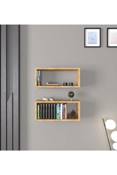 Stiva 2'li Dikdörtgen Ahşap Duvar Rafı Uçan Raf Banyo Mutfak Salon Antre Düzenleyici Çam ürün görseli 1