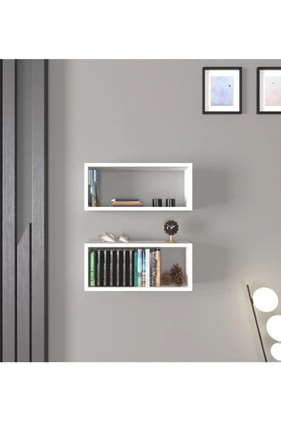Stiva 2'li Dikdörtgen Ahşap Duvar Rafı Uçan Raf Banyo Mutfak Salon Antre Düzenleyici Beyaz ürün görseli 1