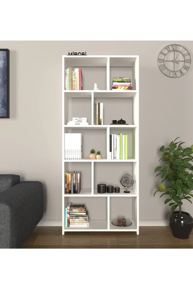 Mirobi Cordoba 5 Raflı 10 Bölmeli Kitaplık Dekoratif Modern Kitaplık, Beyaz ürün görseli 1