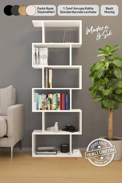 Mirobi 6 Raflı Kitaplık Dekoratif Raf Zigzag Kitaplık Beyaz ürün görseli 1