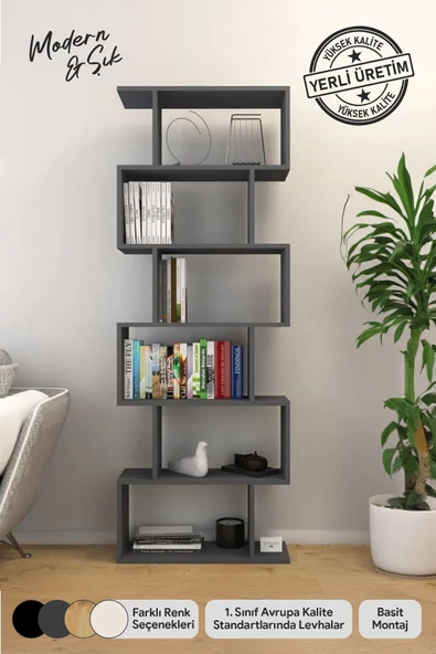 Mirobi 6 Raflı Kitaplık Dekoratif Raf Zigzag Kitaplık Antrasit ürün görseli 1