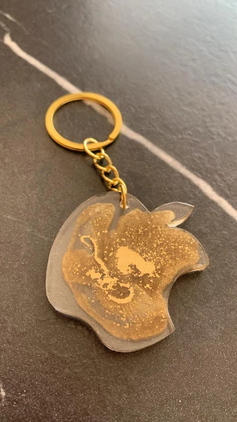 Şeffaf Epoksi İçinde Gold Süslemeli Apple Elma Şekil Gold Aksesuarlı Anahtarlık El Yapımı Hediyelik - Resim 4