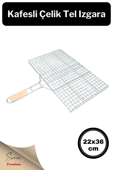 Ahşap Ağaç Saplı Kafesli Çelik Tel Izgara Mangal Barbekü Yemek Pişirme Teli 22 X 36 Cm ürün görseli 1