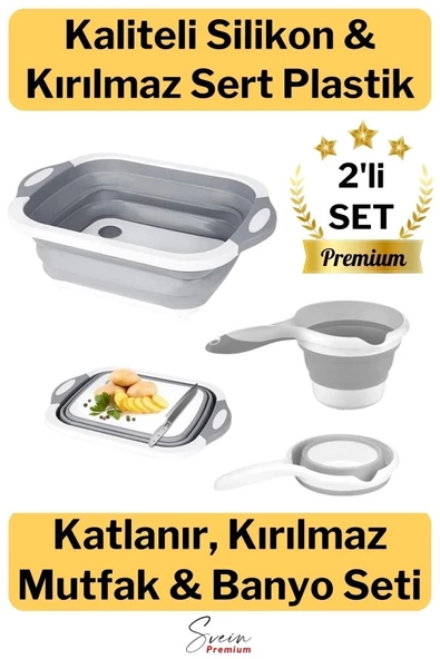 Çok Amaçlı Premium Katlanır Kesme Tahtası Tıpalı Yıkama Leğeni Badya ve Koçero Su Maşrapası 2li Set ürün görseli 1