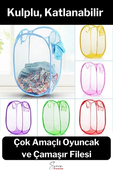 Çok Amaçlı Oyuncak ve Çamaşır Saklama Selesi Katlanabilir Çok Renkli Fileli Eşya İstifleme Sepeti ürün görseli 1