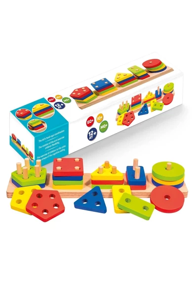 Eğitici Ahşap Geometrik Şekiller Geçirmeli Bultak Yerleştirme Oyunu 5'li Puzzle Zeka Geliştirme ürün görseli 1