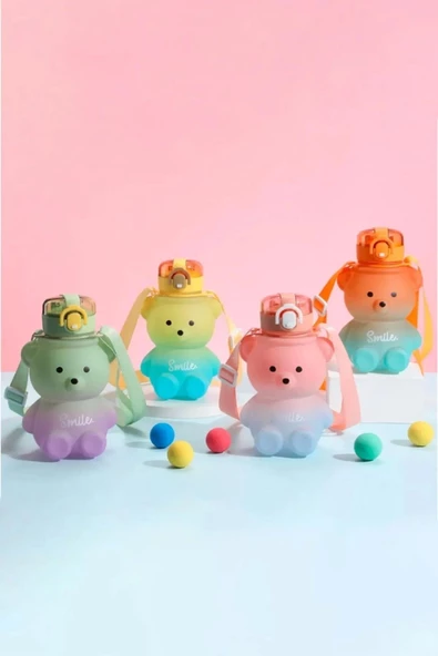 Pipetli Kapaklı Sevimli Ayıcık Suluk Matara Smile Sızdırmaz Dayanıklı Bpa İçermez Okul Çocuk Matara ürün görseli 1