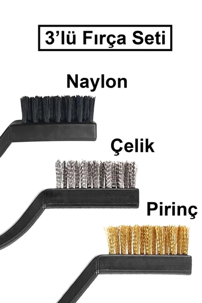 3'lü Çelik Pirinç Naylon Fırça Seti Mini Detay Temizleme Paslanmaz Plastik Saplı Cüruf Pas Toz ürün görseli 1