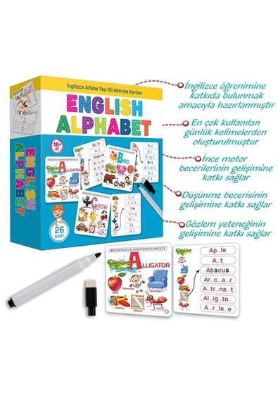 English Alphabet İngilizce Alfabe Yaz-sil Aktivite Kartları Eğitici Öğretici İlk Kelimeler Dil Seti ürün görseli 1