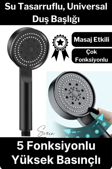 5 Fonksiyonlu Yüksek Basınçlı Ayarlanabilir Uzun Ömürlü Universal Su Tasarruflu Siyah Duş Başlığı ürün görseli 1