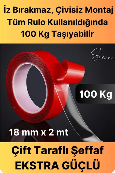 100 Kg Şeffaf Çift Taraflı Çok Amaçlı Güçlü Tamir Silikon Bant Dış Mekan Akrilik Bandı 18 mm-2 mt ürün görseli 1
