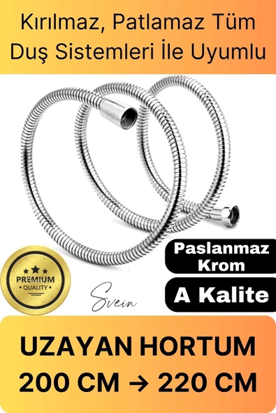 Lüks Paslanmaz Krom Kırılmaz Çatlamaz Tüm Duş Sistemleriyle Uyumlu Uzayan Spiral Hortum Örgü 2,2 mt ürün görseli 1