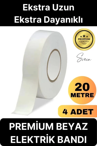 4 Ad. Premium Kalite 20 Mt Kablo Yalıtım PVC Elektrik Bandı Dayanıklı Sızdırmaz Koruma Bant Beyaz ürün görseli 1