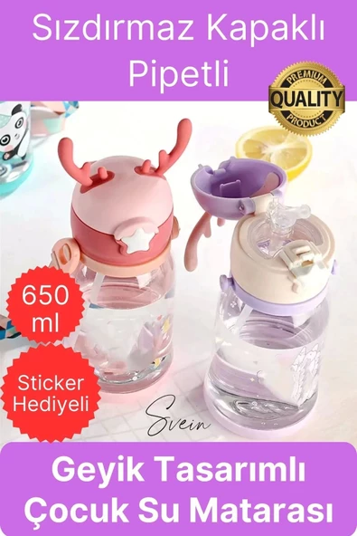Özel Geyikli Tasarım Pipetli Sızdırmaz Kapaklı Gıdaya Uygun Çocuk Su Matarası Askılı Suluk 650 ml ürün görseli 1