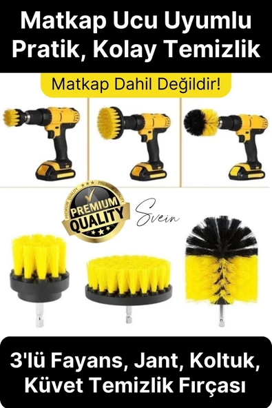 Premium 3'lü Matkap Ucu Temizleme Fırça Seti Jant Fayans Mermer Küvet Koltuk Çok Amaçlı Temizlik ürün görseli 1