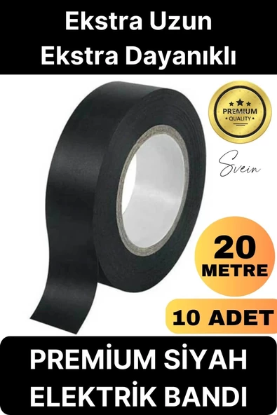 10 Ad. Premium Kalite 20 Mt Yalıtım İzole PVC Elektrik Bandı Su Geçirmez Sızdırmaz Koruma Bant Siyah ürün görseli 1