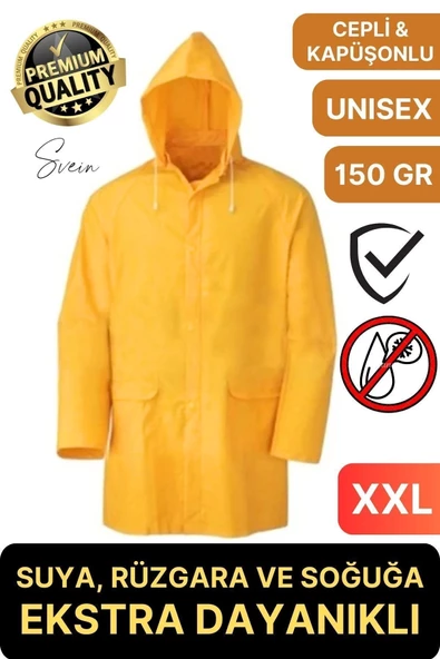Premium Sarı XXL 150 gr Kapüşonlu Cepli Yağmurluk Su Rüzgar Soğuk Geçirmez Unisex Çıtçıtlı Pardösü ürün görseli 1