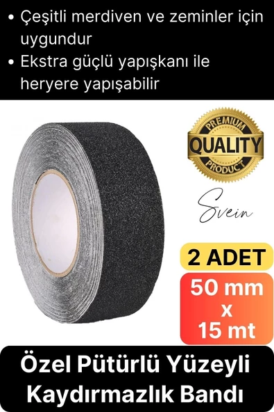Premium 2 Adet 50mm x 15mt Siyah Kaydırmaz Bant Yapışkanlı Merdiven Basamak Zemin Güçlü Tutunabilen ürün görseli 1