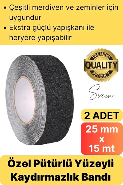 Premium 2 Adet 25mm x 15mt Siyah Kaydırmaz Bant Yapışkanlı Merdiven Basamak Zemin Güçlü Tutunabilen ürün görseli 1