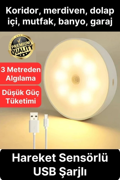 Premium Hareket Sensörlü Mini USB Şarjlı Led Işık Gece Lambası Koridor Bahçe Garaj Dolap Aydınlatma ürün görseli 1