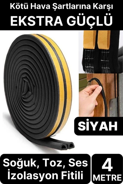 4 Metre Siyah Pvc Doğrama Kapı Pencere Soğuk Geçirmez Sızdırmaz İzolasyon Fitil Yapışkanlı 2x2=4 mt ürün görseli 1