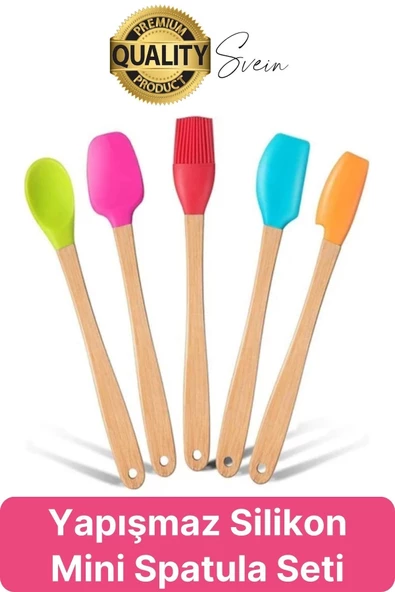 Mini Spatula Kaşık Fırça Setleri Yapışmaz Silikon Tencere Ahşap Saplı Renkli Pişirme Mutfak Araçları ürün görseli 1