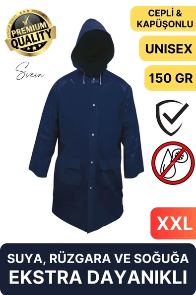 Premium Laci Xxl 150 gr Kapüşonlu Cepli Yağmurluk Su Rüzgar Soğuk Geçirmez Unisex Çıtçıtlı Pardösü ürün görseli 1
