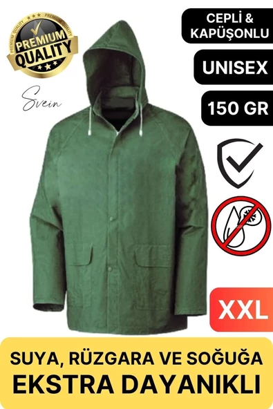 Premium Yeşil Xxl 150 gr Kapüşonlu Cepli Yağmurluk Su Rüzgar Soğuk Geçirmez Unisex Çıtçıtlı Pardösü ürün görseli 1