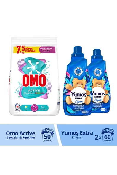 Omo Toz Deterjan Active Beyazlar Ve Renkliler 7.5kg X2 Yumoş Lilyum Konsantre Yumuşatıcı 1440ml X 2 ürün görseli 1