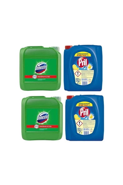 Pril Sıvı Bulaşık Deterjanı 2 'li Güç Limon 4kg  ve Domestos Çamaşır Suyu Dağ Esintisi 2'li 3.5 kg ürün görseli 1