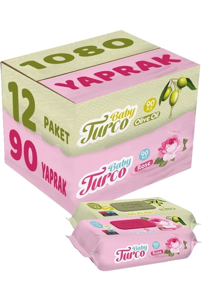 Baby Turco Islak Havlu Mendil 90 Yaprak Karma 12 Li Set (gül/zeytinyağı) 1080 Yaprak Plastik Kapaklı ürün görseli 1
