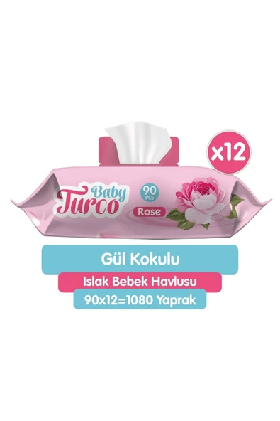 Baby Turco Gül Kokulu 90 Yaprak 12'Li Paket Islak Bebek Havlusu ürün görseli 1