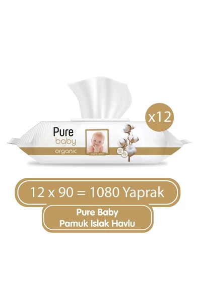 Pure Baby Organik Pamuklu 90 Yaprak 12'li Paket Islak Havlu ürün görseli 1