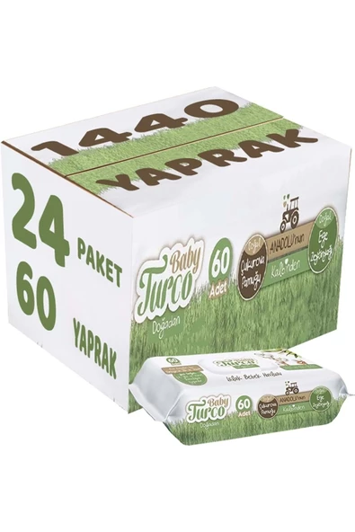 Baby Turco Islak Havlu Mendil Yenidoğan 60 Yaprak Doğadan 24 Lü Set (8pk*3) 1440 Yaprak Pls Kapaklı ürün görseli 1