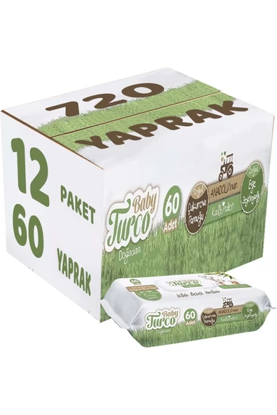 Baby Turco Islak Havlu Mendil Yenidoğan 60 Yaprak Doğadan 12 Li Set (4pk*3) 720 Yaprak Pls Kapaklı ürün görseli 1