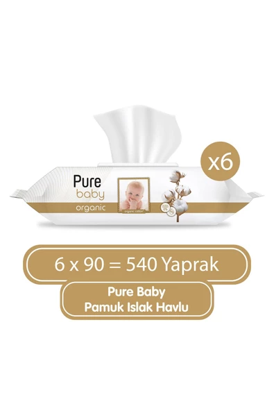Pure Baby Organik Pamuklu 90 Yaprak 6'lı Paket Islak Havlu ürün görseli 1